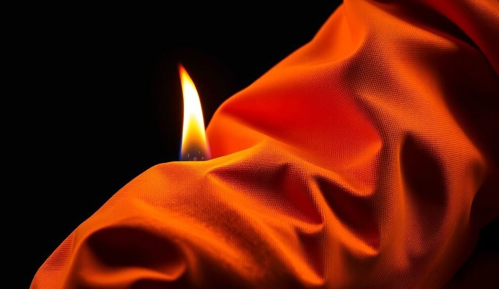 Close-up demonstration of flame retardant workwear fabric resisting fire