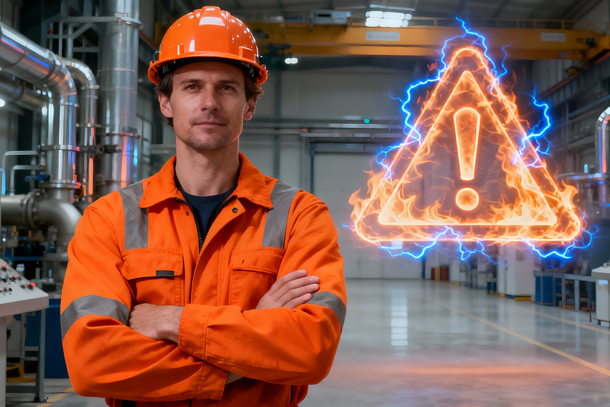 An industrial worker wearing certified Anti-Static Workwear stands protected against the hazards of Industrial Static Electricity, including fire and spark risks, in a modern factory setting.
