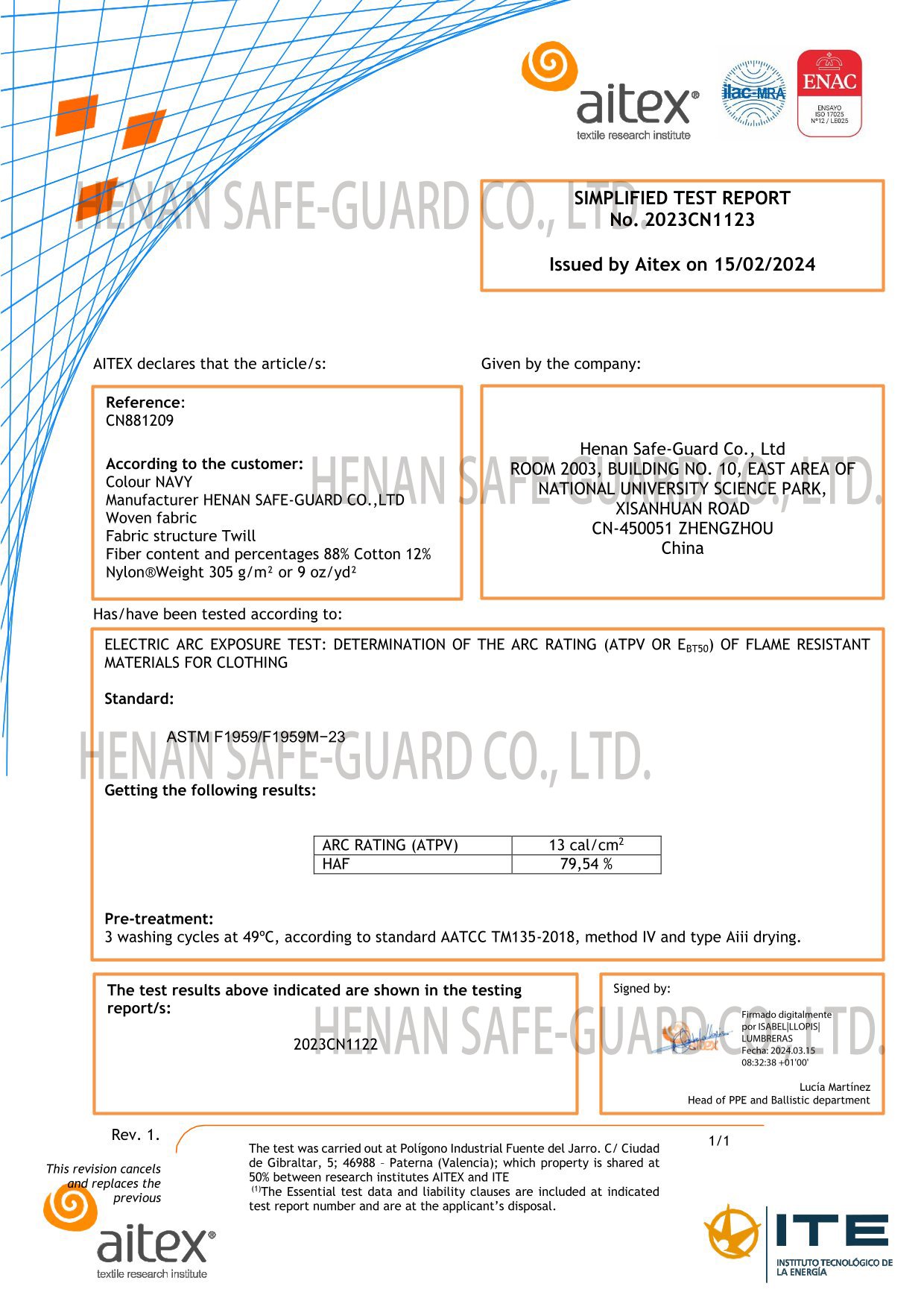 ASTM F1959 Test Report by AITEX for Henan Safe-Guard FR Fabric (ATPV 13 cal/cm²)