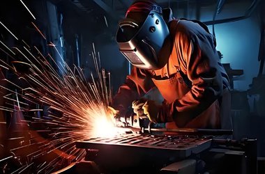 Close-up of a worker using welding safety solutions and FR clothing.