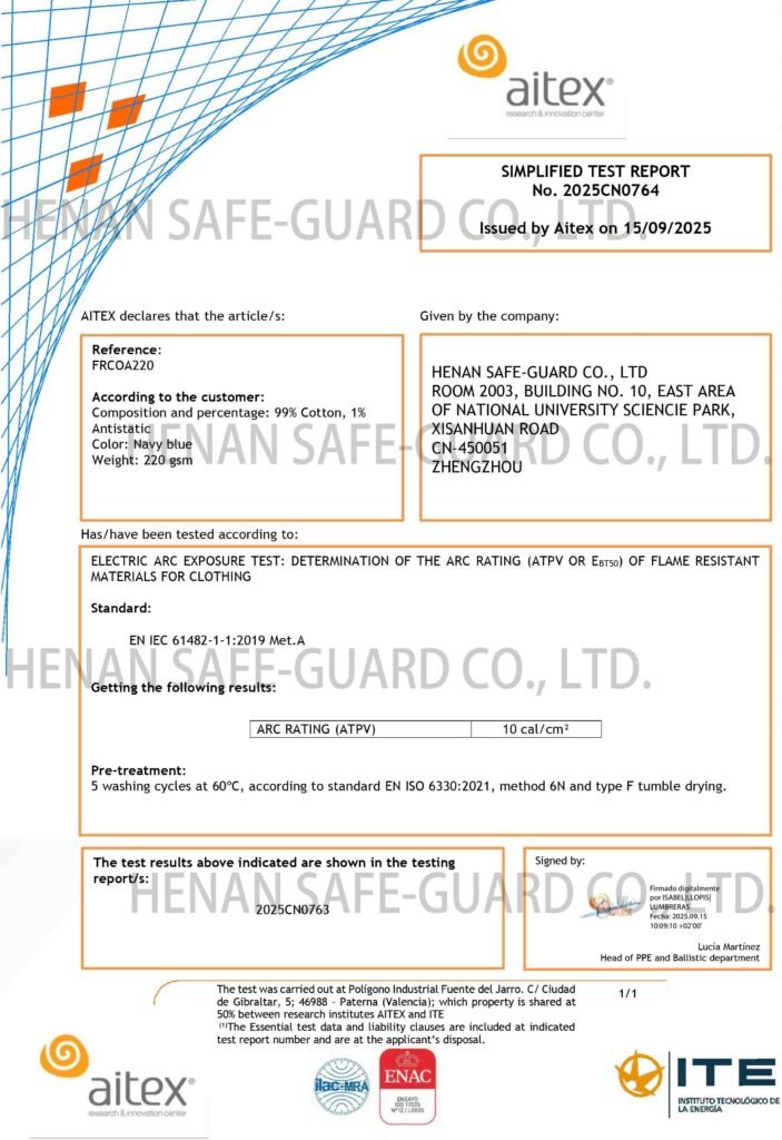 Aitex Certificate No. 2025CN0764 for Henan Safe-Guard 220gsm 99% Cotton 1% Antistatic FR Fabric, passing EN IEC 61482-1-1:2019 Met.A with ATPV 10 cal/cm² rating.