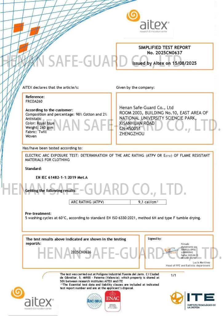 Aitex Certificate 2025CN0637 for FRCOA260 FR Fabric. This 260gsm cotton blend achieves ATPV 9.1 cal/cm², meeting NFPA 70E PPE Category 2 standards.