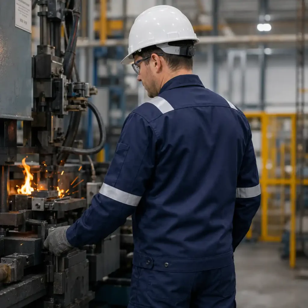 220GSM cotton FR fabric workwear used in an industrial workshop with a worker operating equipment near low-risk flame