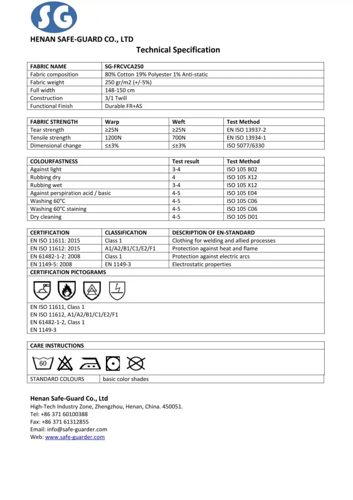 Technical data sheet preview for 250GSM CVC FR fabric with hi-vis yellow color, anti-static stripes and FR standards