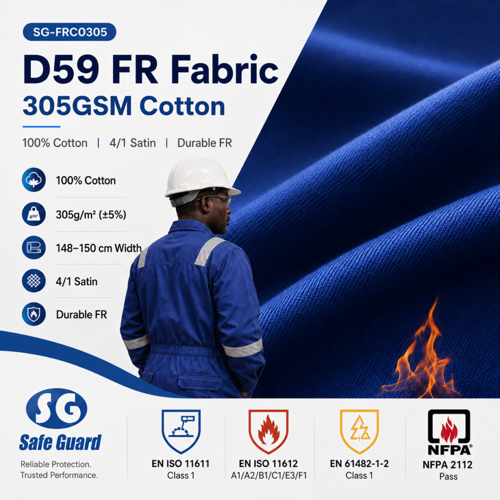 D59 FR fabric 305GSM cotton 4/1 satin for South African protective workwear