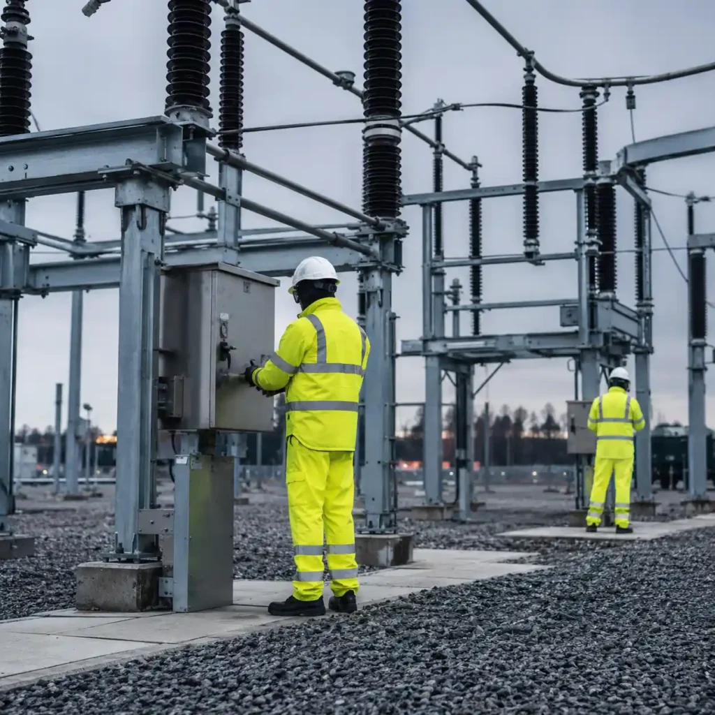 Hi-vis anti-static CVC FR fabric used for protective workwear in industrial environments