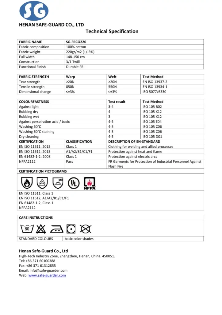 SG-FRCO220 220GSM 100% cotton flame-retardant fabric with detailed technical parameters. It features a 3/1 twill weave structure and durable flame-retardant finishing.