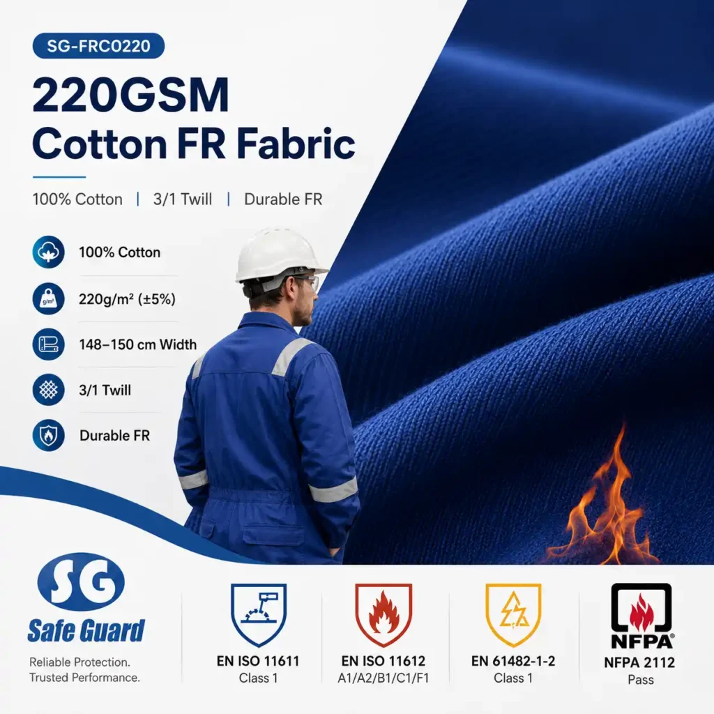 220GSM cotton FR fabric for lightweight workwear with blue fabric texture, side-view worker and low-risk flame cue