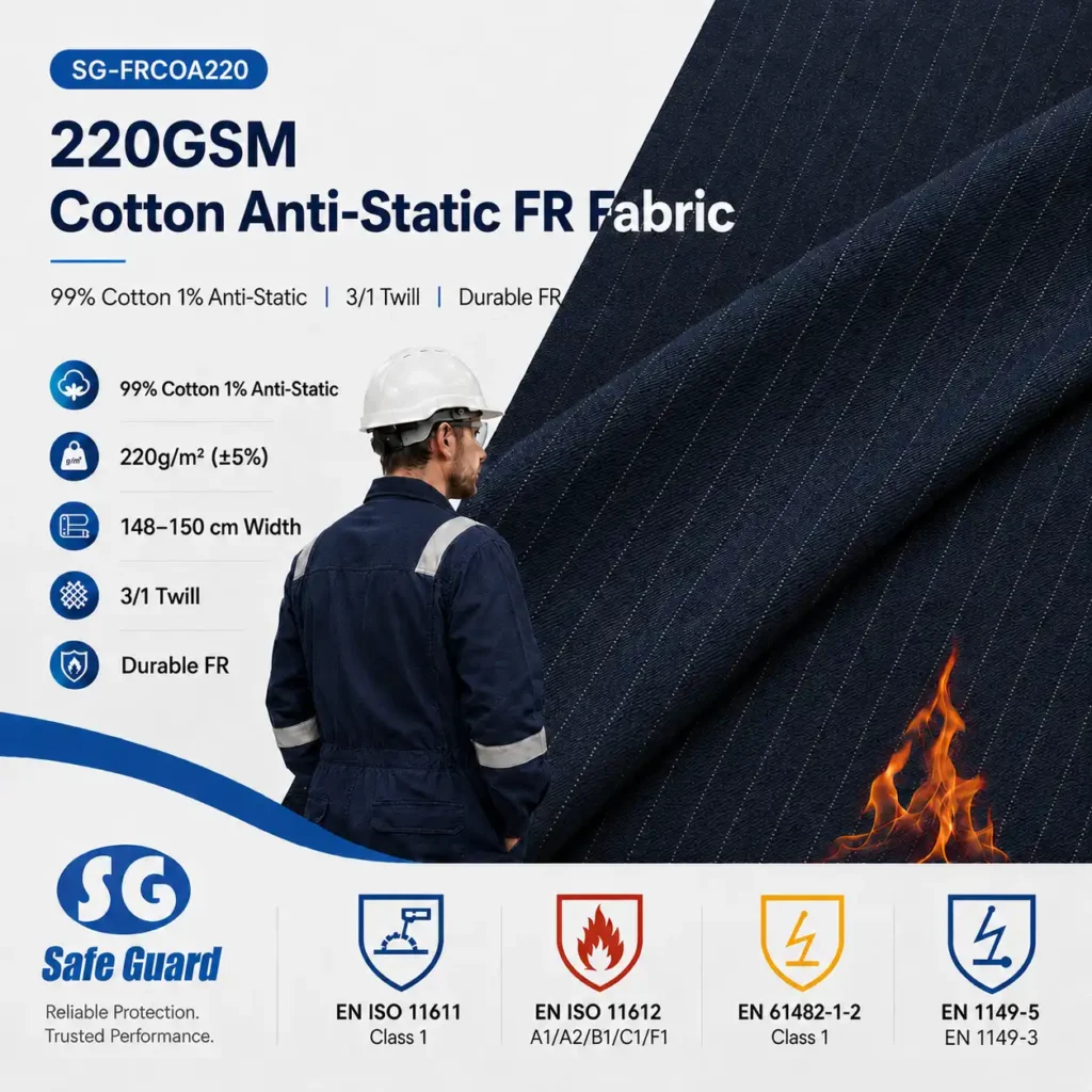 220GSM cotton anti-static flame-retardant fabric with conductive yarn for protective workwear