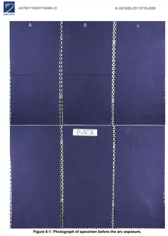 Flame resistant fabric specimen before ASTM F1959 arc exposure testing at Kinectrics laboratory