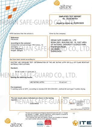 Aitex Certificate No. 2025CN0764 for Henan Safe-Guard 220gsm 99% Cotton 1% Antistatic FR Fabric, passing EN IEC 61482-1-1:2019 Met.A with ATPV 10 cal/cm² rating.