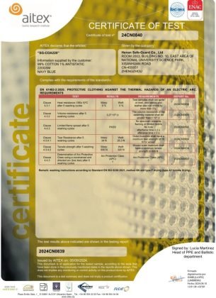 Safe-Guard 220GSM 99% Cotton 1% Anti-Static FR fabric certificate can be pass EN 61482-2:2020