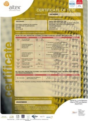 Safe-Guard 220GSM 99% Cotton 1% Anti-Static FR fabric certificate can be pass EN ISO 11611 A1,A2