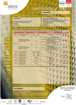 99% Cotton 1% Anti-Static FR fabric certificate can be pass EN ISO 11611 A1,A2