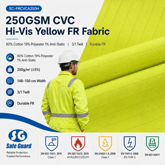 250GSM CVC FR fabric in hi-vis yellow with anti-static stripes for protective workwear