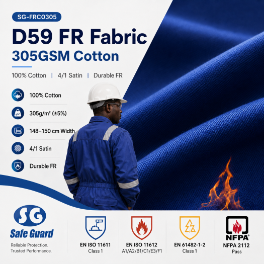 D59 FR fabric 305GSM cotton 4/1 satin for South African protective workwear