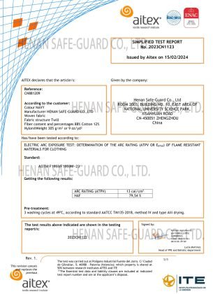 ASTM F1959 Test Report by AITEX for Henan Safe-Guard FR Fabric (ATPV 13 cal/cm²)